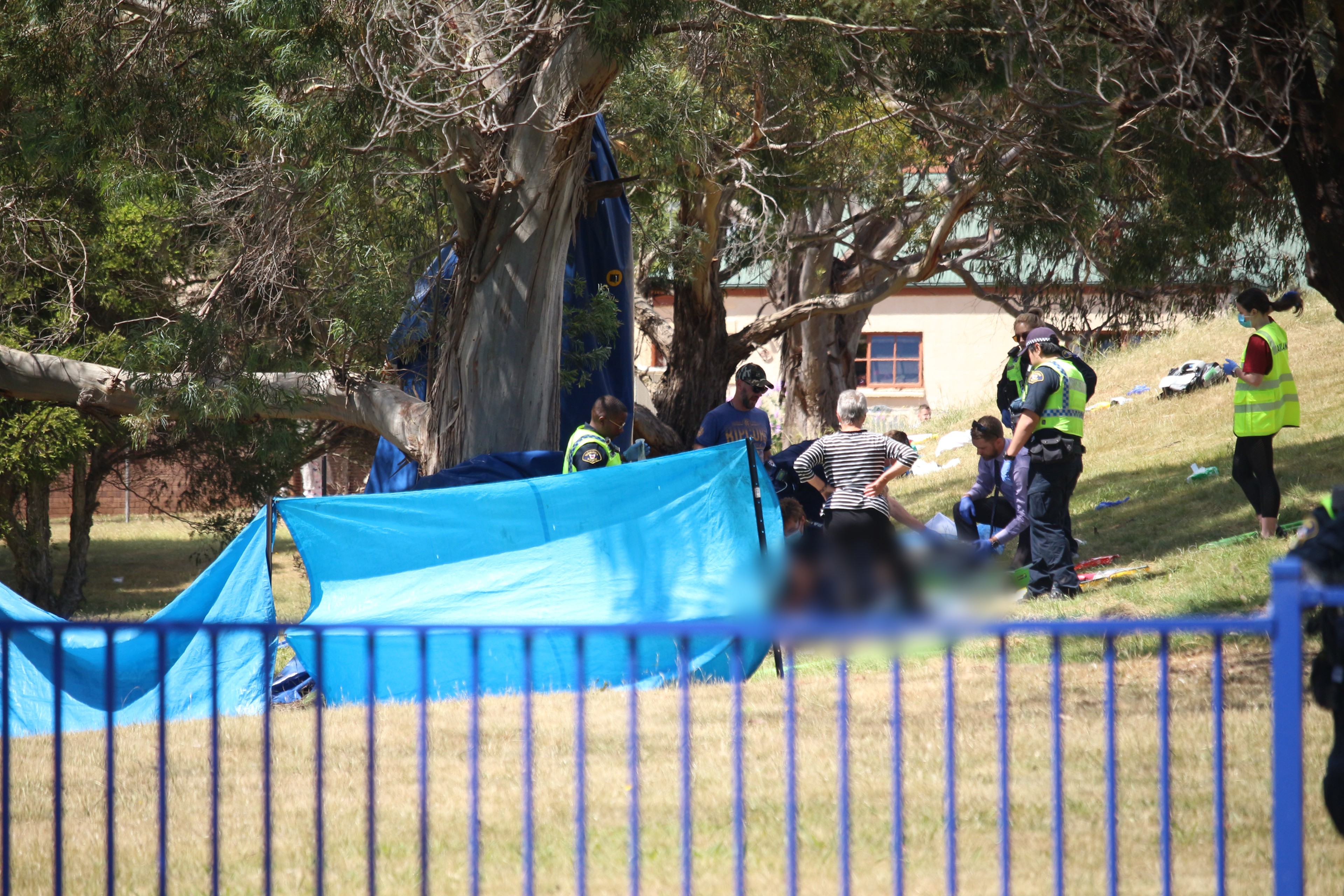 Blue tarpaulin shield at Hillcrest Primary